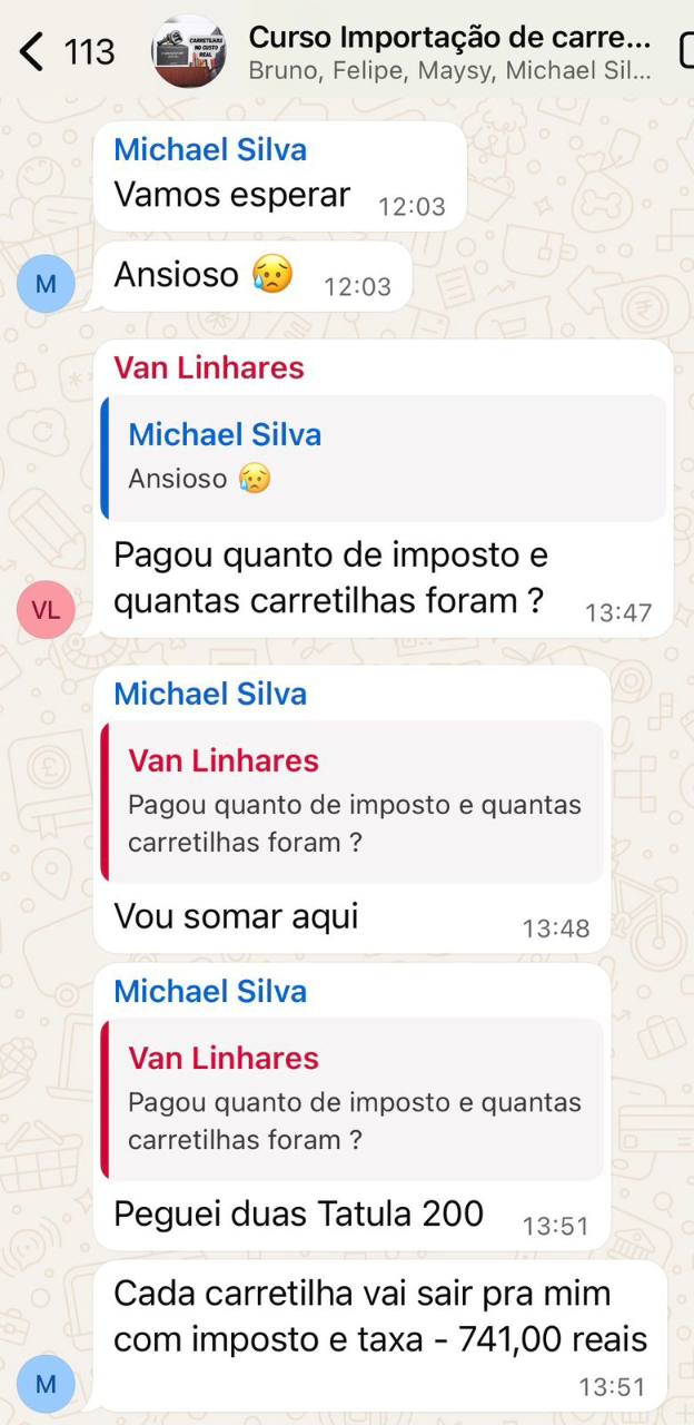 Print original da conversa de Michael Silva sobre duas Daiwa Tatula 200 por R$741 cada, com imposto e taxa