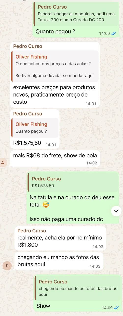 Print original da conversa de Pedro sobre uma Tatula 200 e uma Curado DC 200 por R$1.575,50 mais R$68 de frete